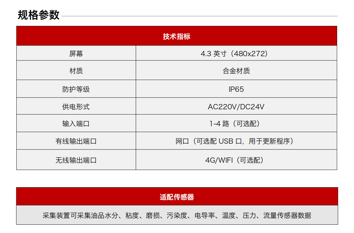 分布式在線油液監(jiān)測系統(tǒng)解決方案-采集終端 規(guī)格參數(shù)